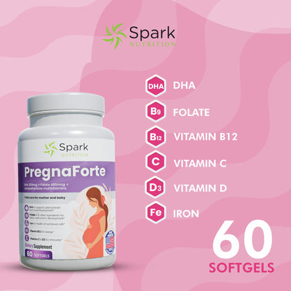 Pregnaforte Prenatal Multivitamin 60 days: Folic acid, Omega-3 DHA/EPA, Vitamins A, B6, B12, C, D3, E