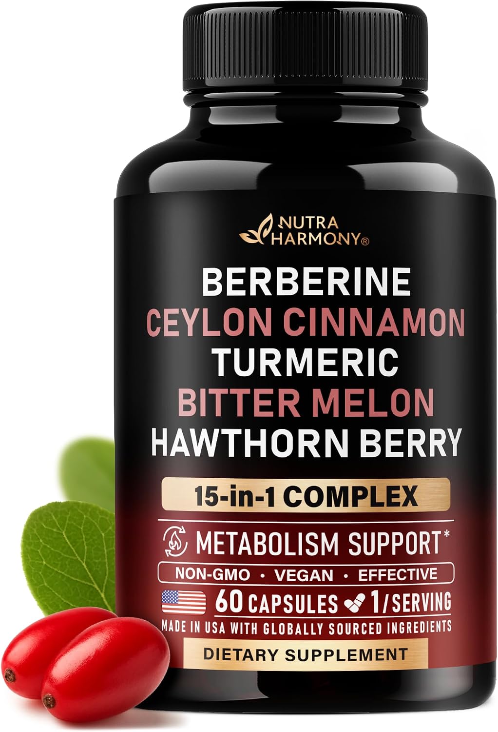 Berberine with Ceylon Cinnamon | Bitter Melon (Karela) | Apple Cider Vinegar | Hawthorn Berry | Citrus Bergamot | Turmeric - 15in1 Supplement for Heart Metabolism & Energy Support - Vegan, 60 Capsules