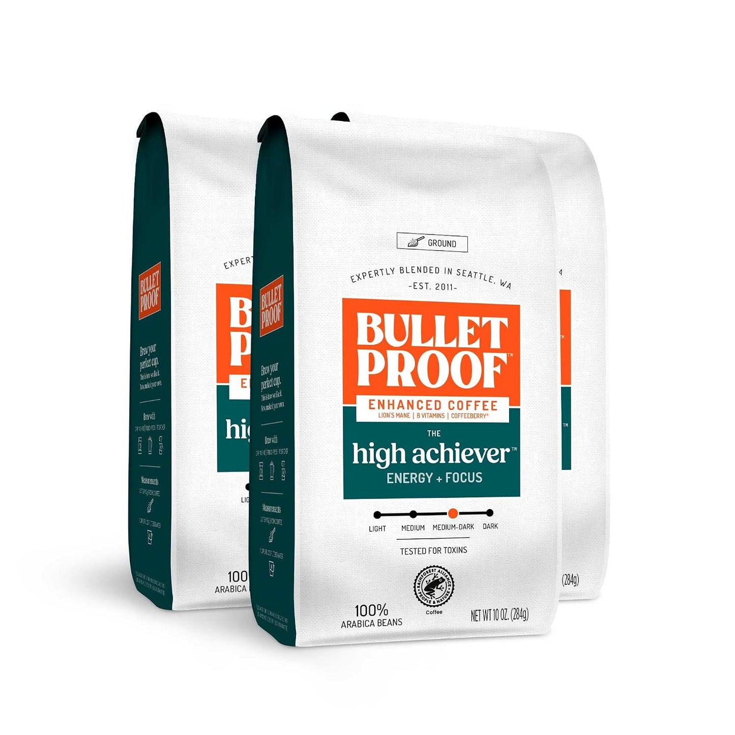 Bulletproof The High Achiever Ground Mushroom Coffee, 10oz (Pack of 3), High Caffeine with Lion's Mane, B Vitamins and Adaptogens for Energy & Focus, Medium-Dark Roast and Bulletproof Original Creamer