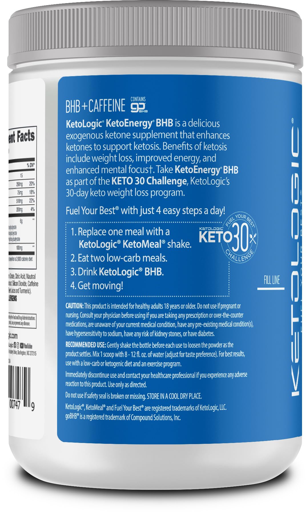 KetoLogic BHB KetoEnergy Exogenous Ketones Powder with Caffeine | Raspberry Lemonade