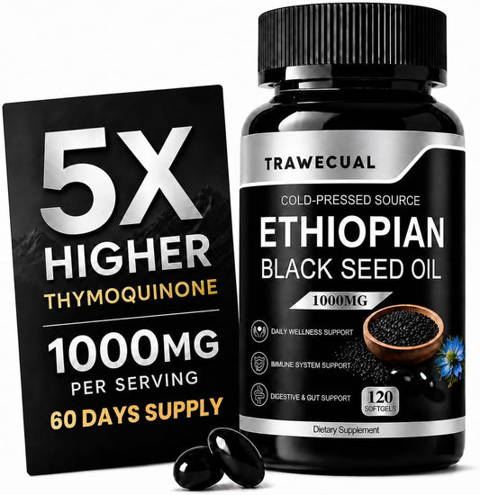 Ethiopian Black Seed Oil Softgels, 120 Count, 1000mg Cold Pressed | 4.64% Thymoquinone, Digestive & Immune Support, Non-GMO, Gluten-Free, Vegan, Black Cumin Seed Oil Softgels, 60 Day Supply