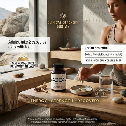 Adda PrimaVie Shilajit Capsules Energy Strength Recovery 60 Count | High Purity 500mg Himalayan Extract Promotes Vitality Fights Fatigue Ayurvedic Men Supplement Fulvic Acid