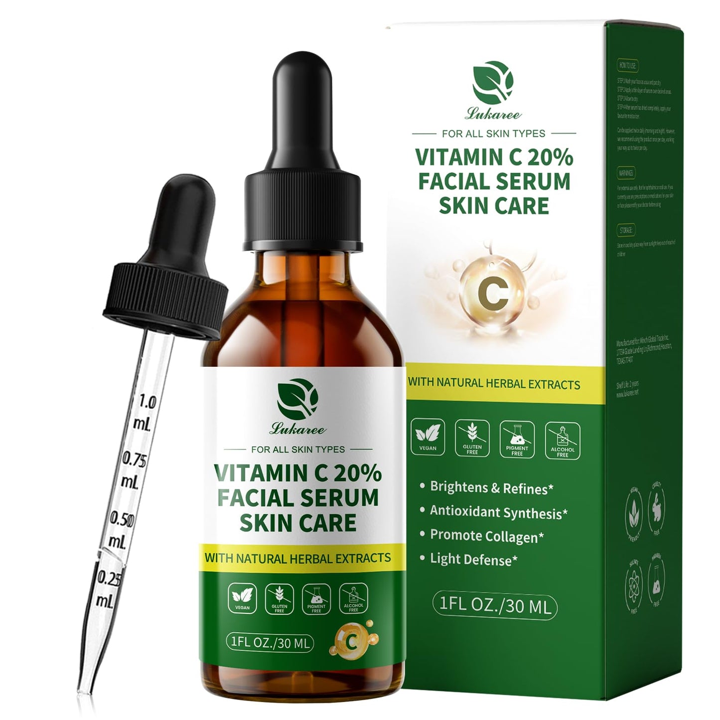 Lukaree Vitamin C Serum for Face, Dark Spots, Fine Lines & Support Collagen | Vitamin C Serum 20% Brightening Face Serum with Sodium Hyaluronate - All Skin Types, Plus Vit C Caps, 1 Fl Oz + 60 Caps