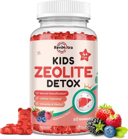 Zeolite Detox for Kids & Adults, Zeolite Detox Gummies with L-Glutamine, Chlorella, Milk Thistle, Zinc, Prebiotics for Gut Support, Liver Detox Cleanse, Immune, Energy, Mixed Berry Flavor, 60 Gummies