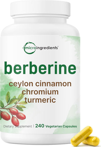 Micro Ingredients Berberine with Ceylon Cinnamon, 240 Veggie Capsules | High Absorption Berberine HCI Supplement + Turmeric Root & Cinnamon Bark Extract | Non-GMO, Gluten Free