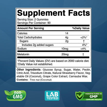 Vitabod Melatonin 20mg Gummies - 180 Count - Drug Free - Natural Strawberry Flavor - Vegetarian, Non-GMO, Gluten Free (1 Bottles)