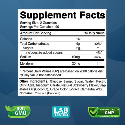 Vitabod Melatonin 20mg Gummies - 180 Count - Drug Free - Natural Strawberry Flavor - Vegetarian, Non-GMO, Gluten Free (1 Bottles)