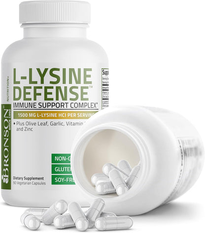 Bronson L-Lysine Defense Immune Support Complex, 1500 mg, 90 Capsules | Essential Amino Acid with Olive Leaf, Garlic, Vitamin C & Zinc, Vegetarian, Non-GMO, Gluten-Free & Soy-Free