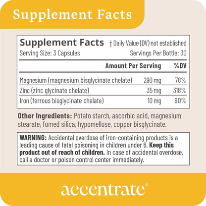 Accentrate Minerals - Magnesium Supplement for Kids – Chelated Magnesium Zinc Iron (Mg Zn Fe) – Mental Wellness Mineral Supplement for Focus, Mood & Brain Support – Bioavailable – 60 Capsules
