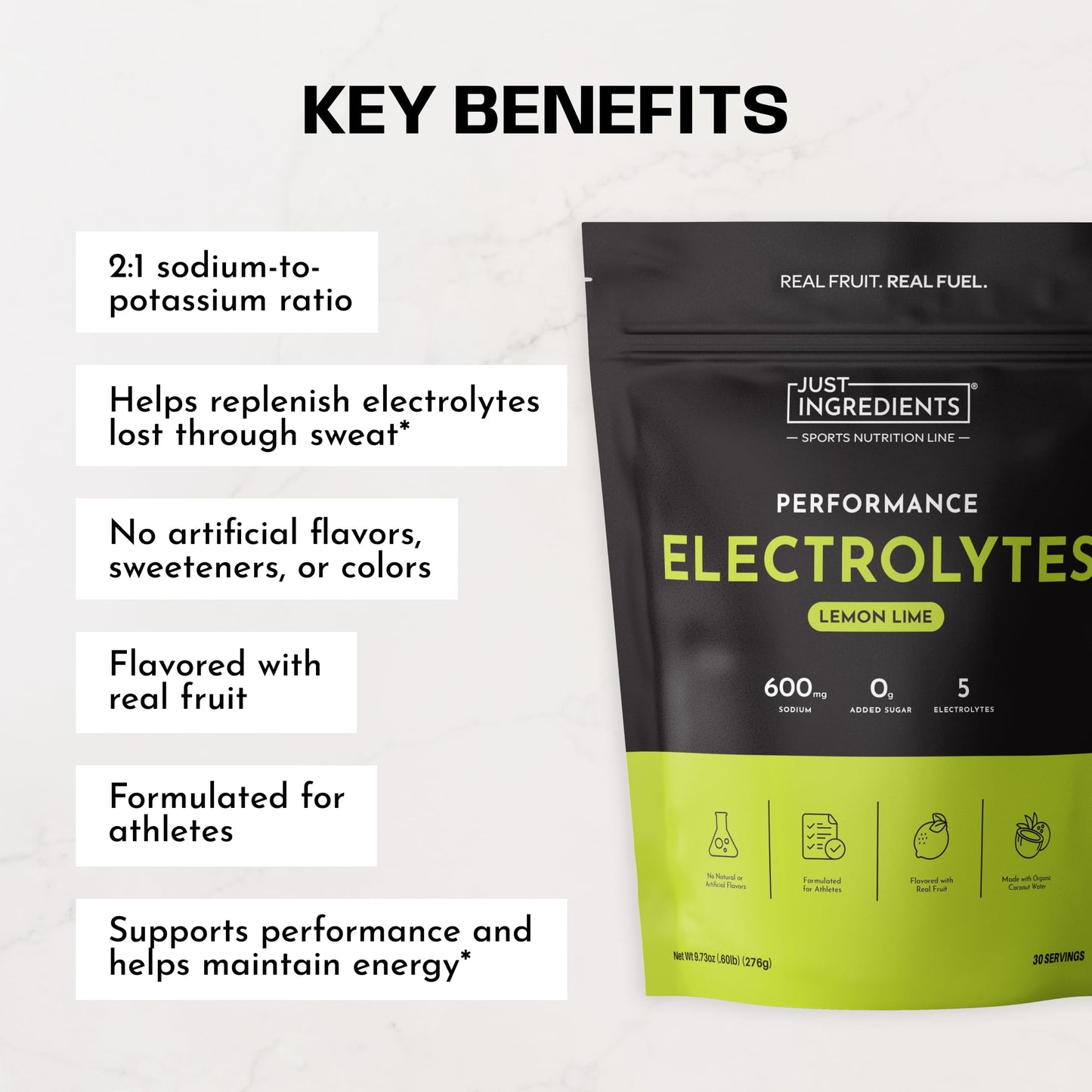 JUST INGREDIENTS Performance Electrolytes Powder Lemon Lime, 600mg Sodium with Organic Coconut Water, 30 Servings, Naturally Sweetened with Monk Fruit and Stevia, Flavored with Real Fruit, Non-GMO
