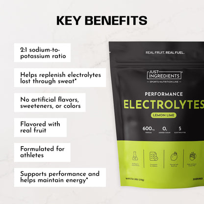 JUST INGREDIENTS Performance Electrolytes Powder Lemon Lime, 600mg Sodium with Organic Coconut Water, 30 Servings, Naturally Sweetened with Monk Fruit and Stevia, Flavored with Real Fruit, Non-GMO