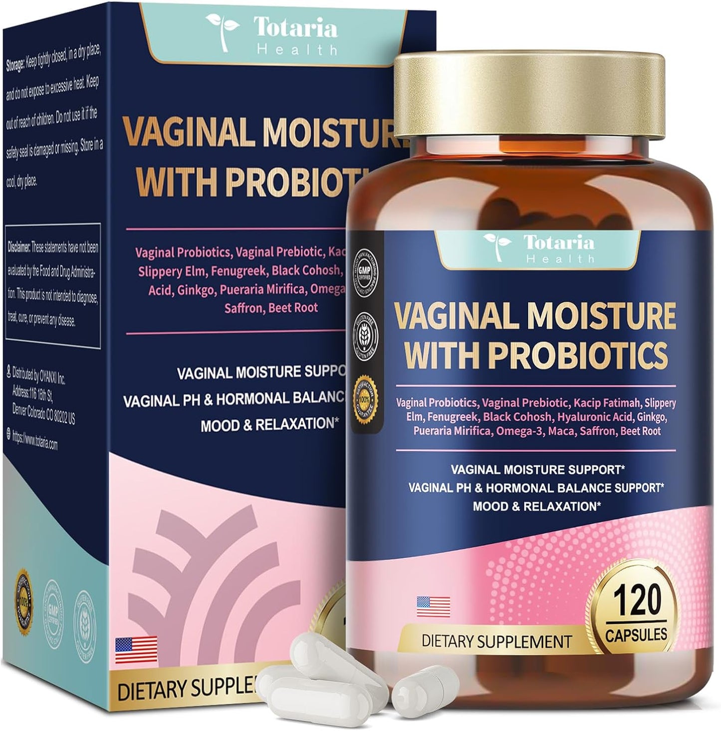 Vaginal Probiotics for Women Vaginal Moisturizer, pH, Odor, Flora, Hormones, Comfort, Mood & Relaxation, 30-in-1 Vaginal Moisture Plus with Slippery Elm Bark, Hyaluronic Acid, Fenugreek - 120 Caps