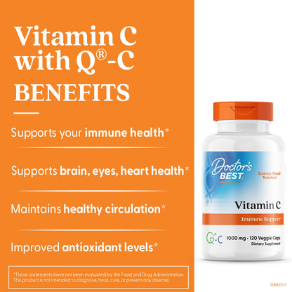 Doctor's Best Vitamin C 1000mg Supplement for Men & Women - Vegan Vitamin C Capsules as Q-C Ascorbic Acid, Immune Health Support for Adults, Non GMO, Gluten Free, Soy Free - 120 Veg Caps