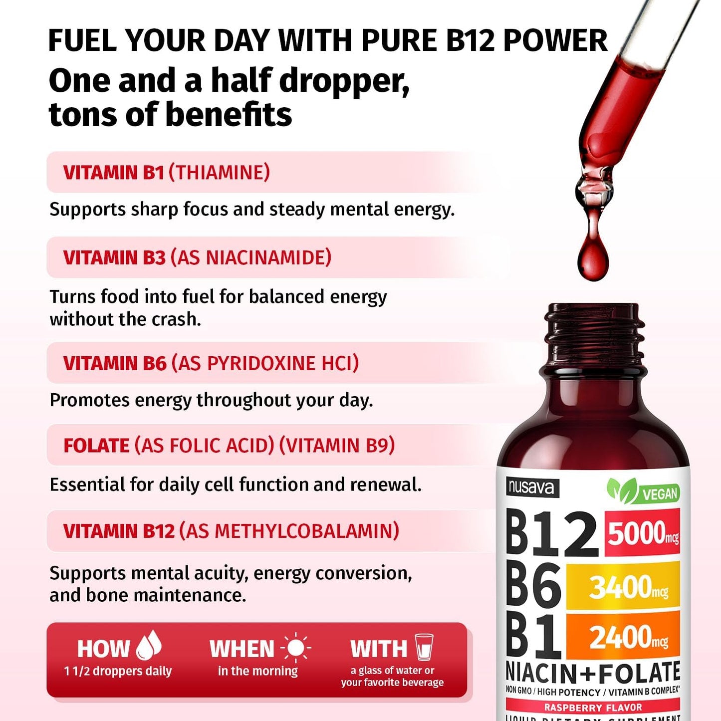NUSAVA (2-Pack) Methylated B Complex Liquid Drops Raspberry and (2-Pack) Liquid Vitamin B12 Drops - High Potency Methylfolate and Sublingual B12 for Daily Energy and Balance Support