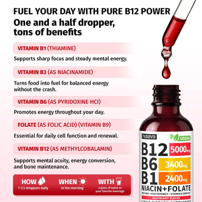 NUSAVA Vitamin B12 Liquid Drops and Strawberry Flavored D3 K2 Bundle — Daily Wellness Liquid Vitamins for Energy & Immune Support — Non-GMO, Gluten-Free, 2pk Each