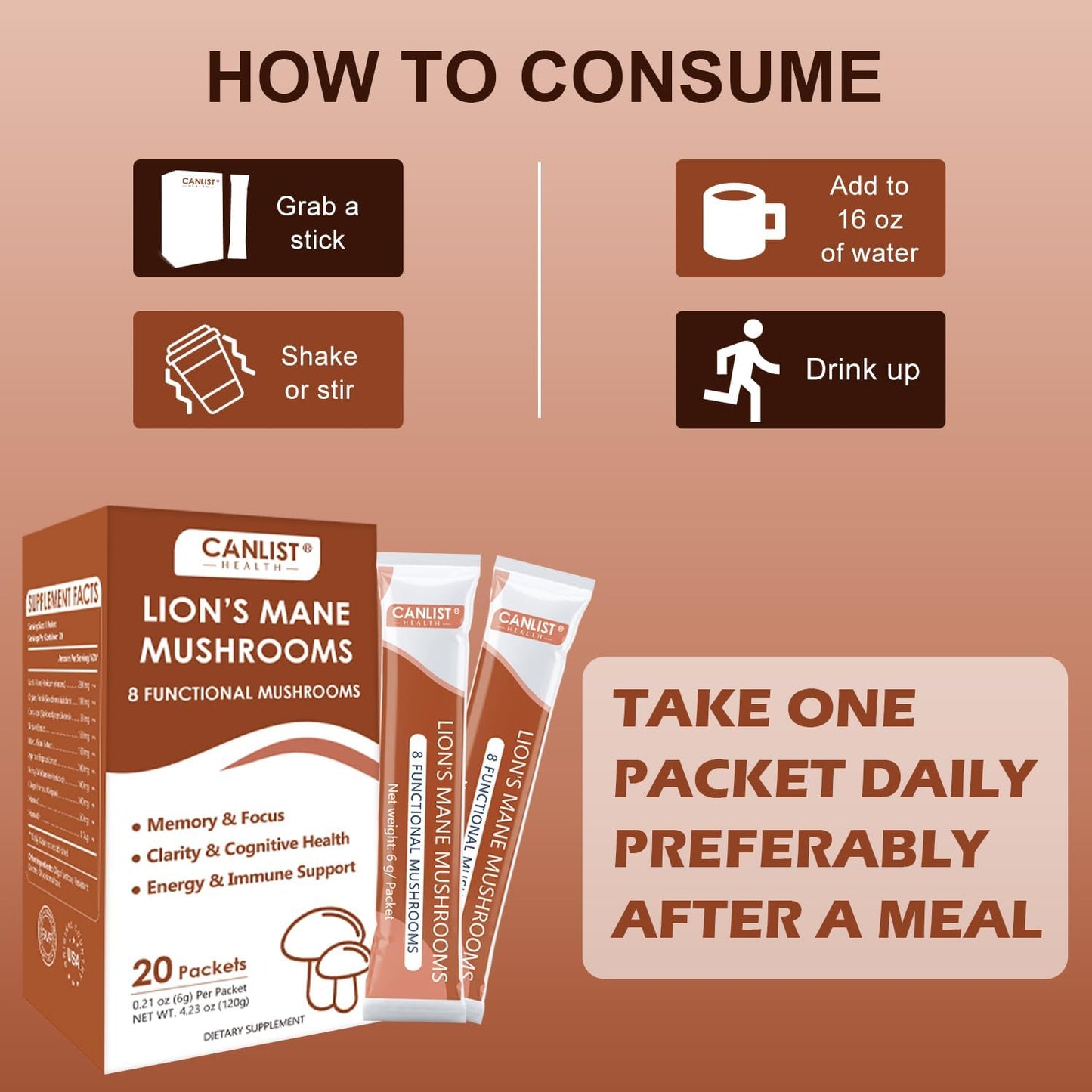 CANLIST Lion's Mane Mushroom Powder with Lions Mane, Cordyceps, Chaga, Reishi, Shiitake, Boletus, Agaricus Bisporus, Turkey Tail for Better Energy, Cognitive Focus & Immune Support, 20 Packets