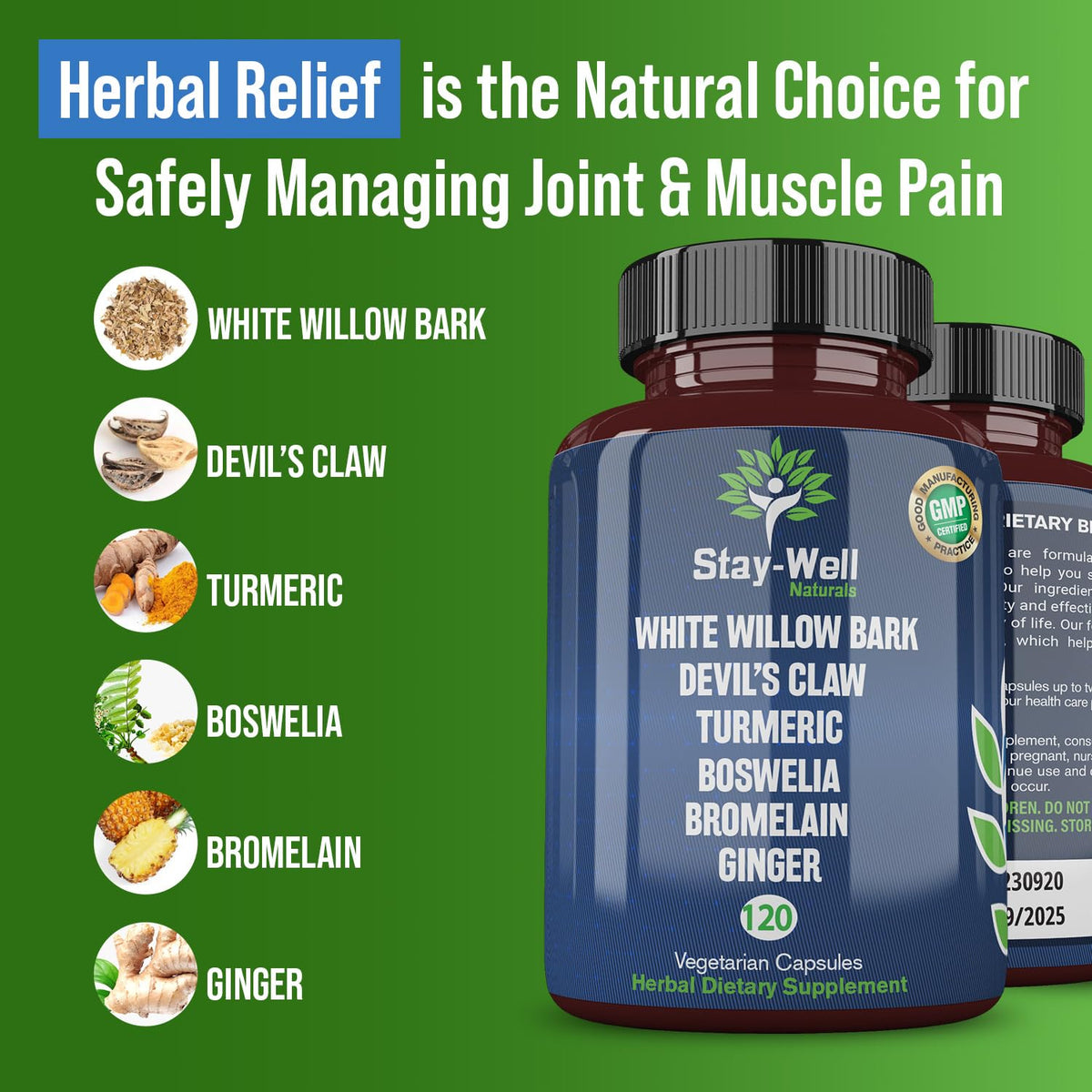 Stay-Well Naturals Pain Relief- White Willow Bark Extract, Devil's Claw, Turmeric, Boswellia