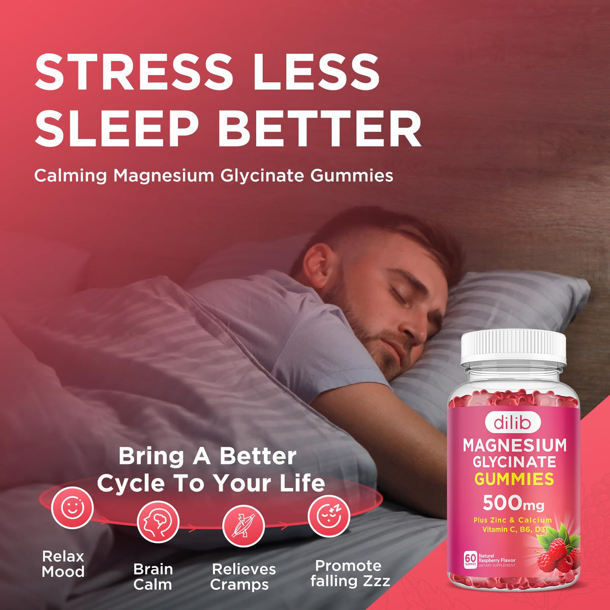 Magnesium Glycinate Gummies 500mg - Magnesium Supplement with Vitamin B6 for Adults & Magnesium for Kids - Calm Magnesium for Sleep, Mood, Muscle Support - Strawberry Flavor, 60 Gummies