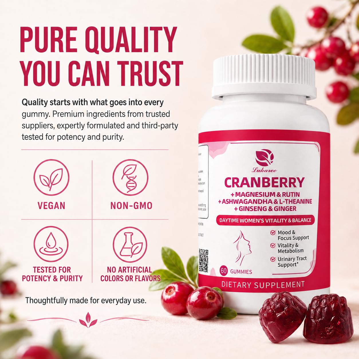 2 Pack Cranberry Gummies -Urinary Tract Health and Kidney Cleanse | High Absorption Formula with Ashwagandha, Selenium 363% DV, Ginseng&VB for Daily Antioxidant &Vitality Support-120 Gummies