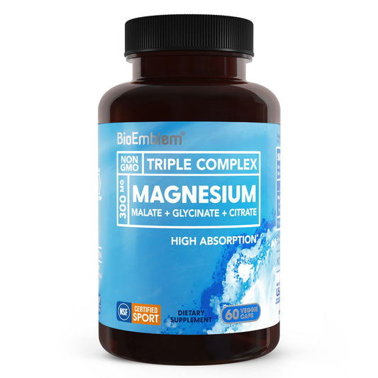 BioEmblem Triple Magnesium Complex | 300mg of Magnesium Glycinate, Malate, & Citrate for Muscles, Nerves, & Energy | High Absorption | Vegan, Non-GMO (180 Capsules)