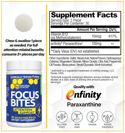NATURAL STACKS Paraxanthine Supplement Bundle - Focus Bites & NeuroAlert Bundle - Caffeine Free Focus with Enfinity Paraxanthine - 60 Total Servings
