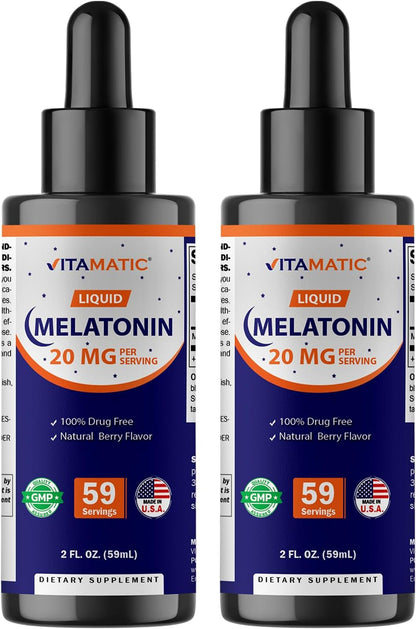 Vitamatic Liquid Melatonin 20 mg, 2 fl oz (59 mL) - 2 Pack | Sleep Support*, Natural Berry Flavor, Non GMO, Gluten Free, Made in USA