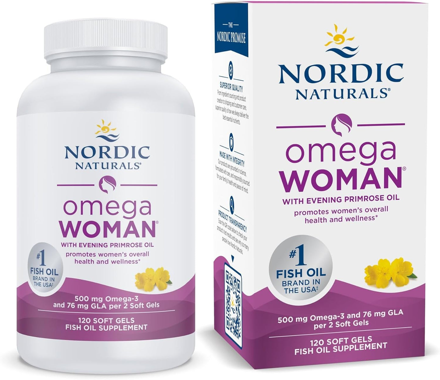 Nordic Naturals Women's Omega-3 w/Evening Primrose Oil, Lemon - 120 Count | 800mg Evening Primrose Oil w/GLA for menopause relief (hot flashes, night sweats). Hormonal balance. 60-day supply.
