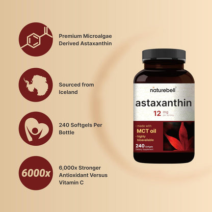 NatureBell Maximum Strength Astaxanthin 12mg, 240 Softgels - 4 Month Supply - Natural Antioxidant from Haematococcus Pluvialis Microalgae | Non-GMO, Gluten Free