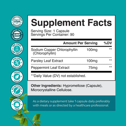 Chlorophyll Capsules for Cleanse and Detox Support - Internal Deodorant Pills for Body Odor with Mint & Parsley Extract Healthy Skin Immunity & Digestive Support - Vegan Non-GMO & Gluten Free (60ct)