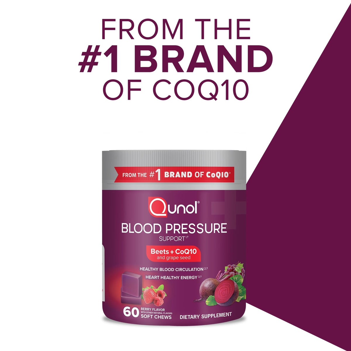 Qunol Beets Chews for Blood Pressure Support, 3 in 1 Beets + CoQ10 + Grape Seed Extract