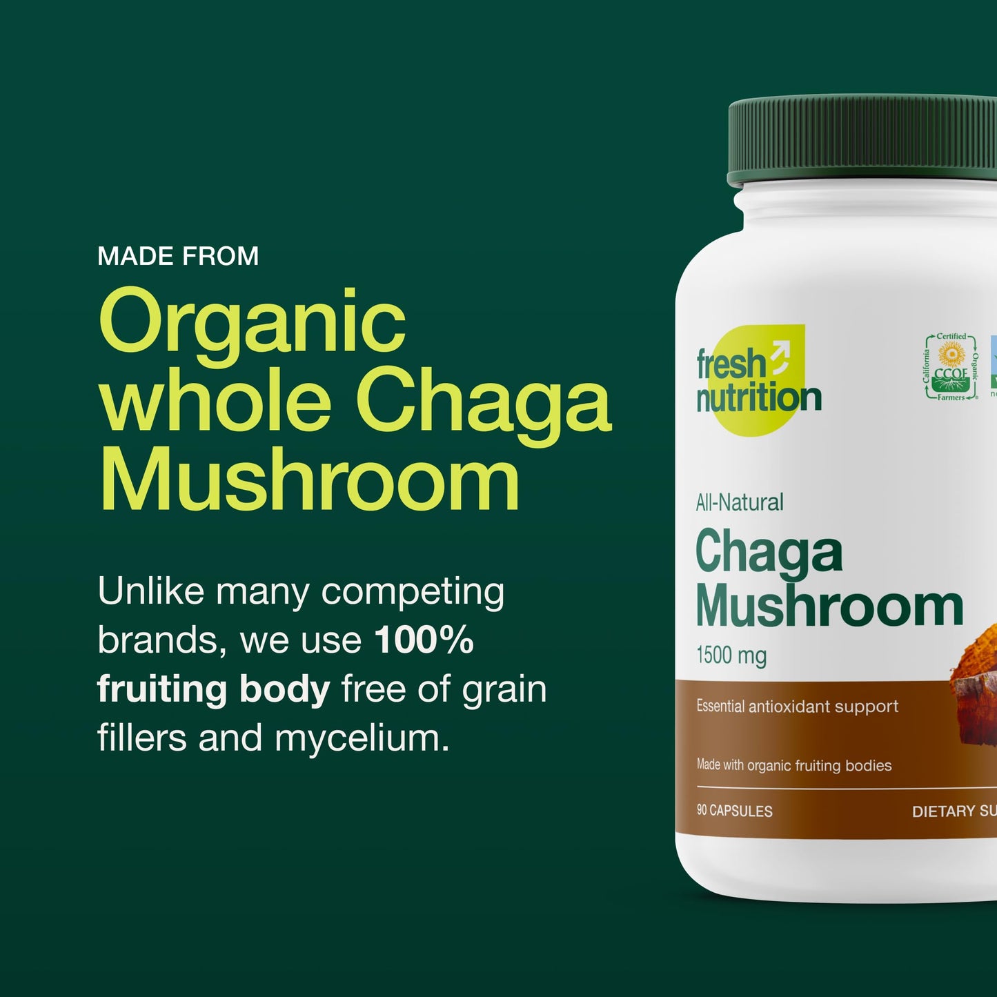 Fresh Nutrition Organic Chaga Mushrooms – Strongest DNA Verified 1500mg Per Serving – High in Fiber – Non GMO, Gluten & Soy Free, Vegan Friendly