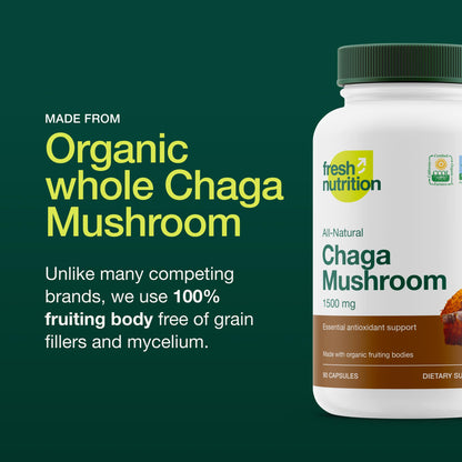 Fresh Nutrition Organic Chaga Mushrooms – Strongest DNA Verified 1500mg Per Serving – High in Fiber – Non GMO, Gluten & Soy Free, Vegan Friendly