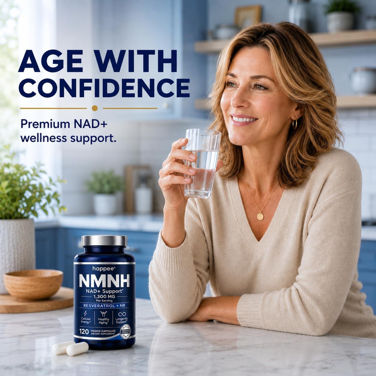 Happee Liposomal NMNH Supplement 1300mg (NMN Alternative) NAD+ | 120 Caps | 6-in-1 NAD+ Formula | Reduced Nicotinamide Mononucleotide (NMNH), Resveratrol, NR, CoQ10 | Cellular Energy & Healthy Aging