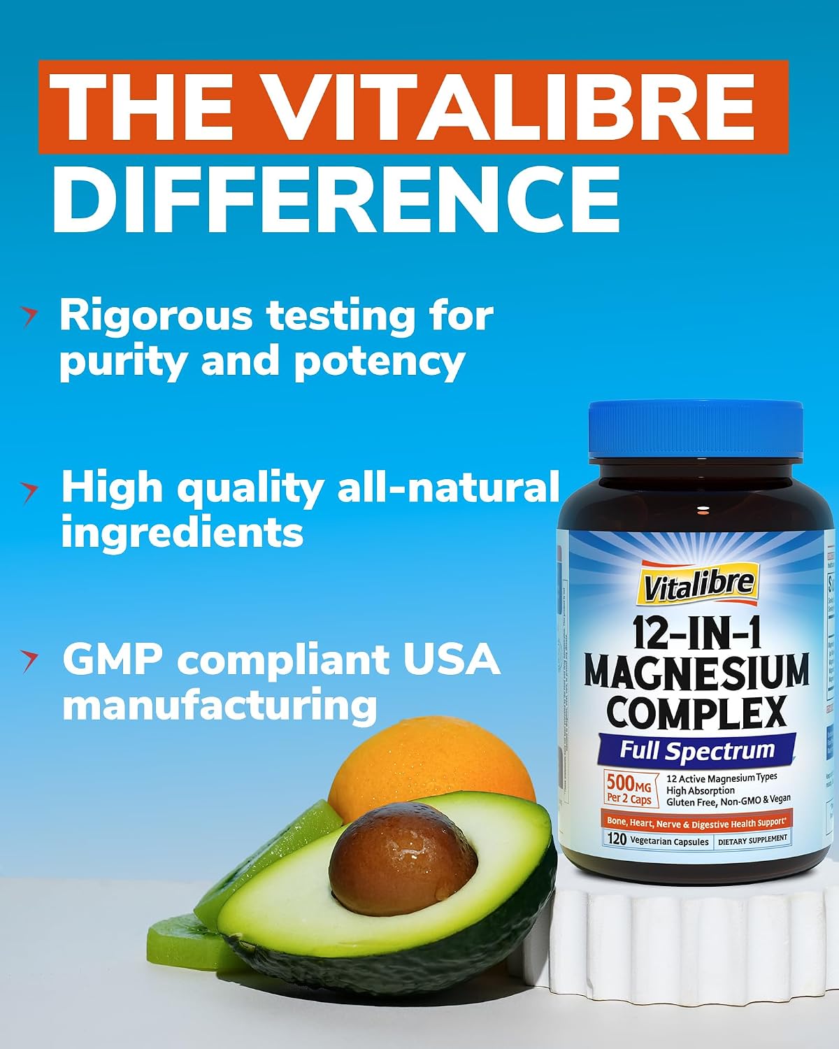 Vitalibre 12 in 1 Magnesium Complex 500mg for Women Men, 120 Vegan Capsules | Max Absorption Chelated Magnesium Glycinate Citrate Malate & More for Bone, Nerve & Digestive Support | Non-GMO