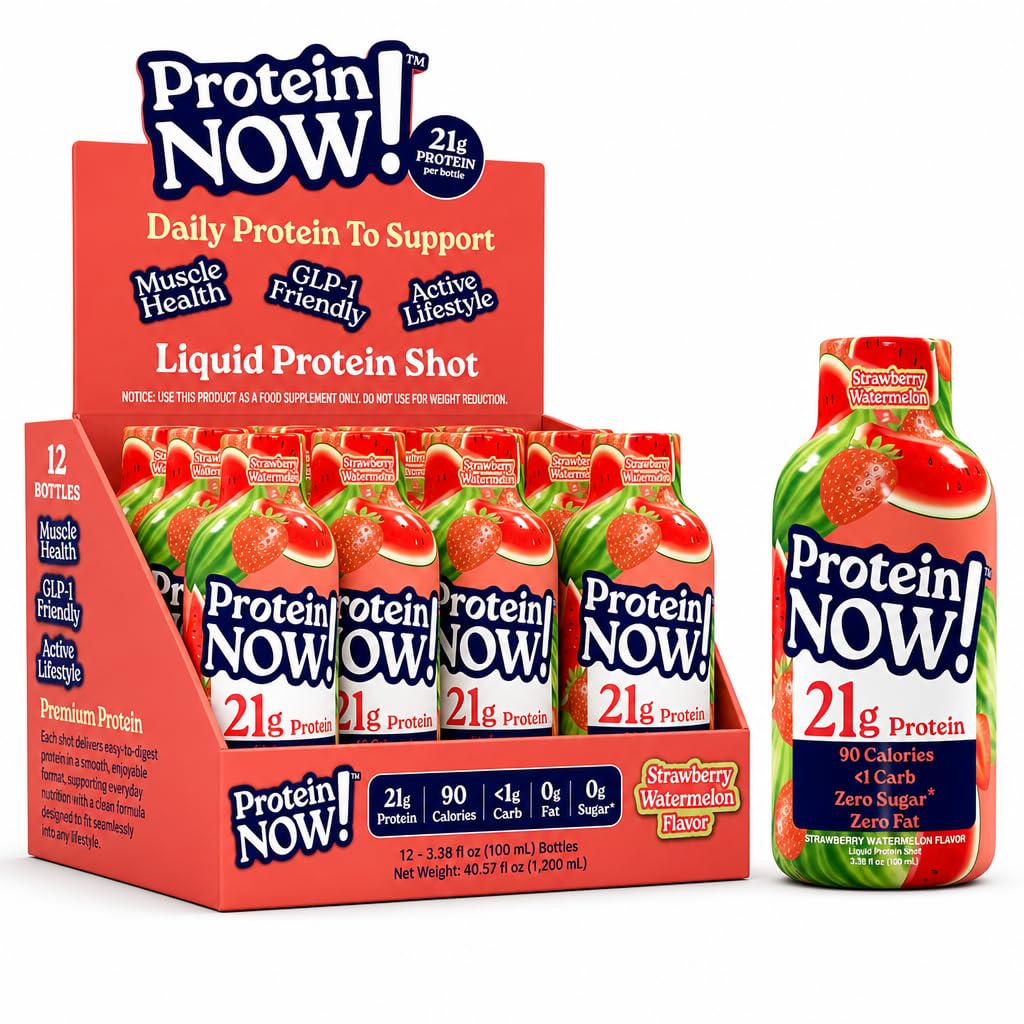 Protein Now Liquid 3 oz. Protein Shot By NutraBio– 21g Protein, 0 Carbs, 0 Fat, GLP-1 Support, Ready-to-Drink, No Refrigeration, Whey & Collagen Protein for Hair, Skin & Nails, On-the-Go Nutrition- Strawberry Watermelon