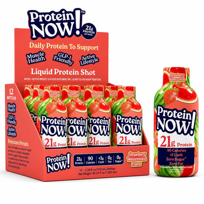 Protein Now Liquid 3 oz. Protein Shot By NutraBio– 21g Protein, 0 Carbs, 0 Fat, GLP-1 Support, Ready-to-Drink, No Refrigeration, Whey & Collagen Protein for Hair, Skin & Nails, On-the-Go Nutrition- Strawberry Watermelon