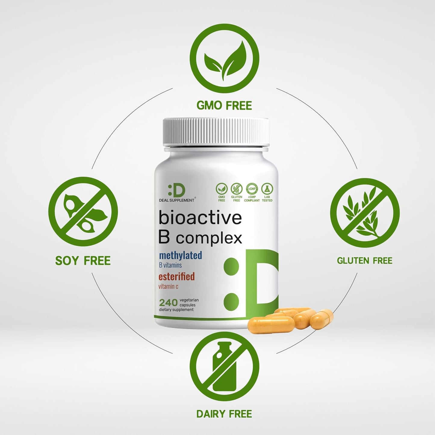 Bioactive Vitamin B Complex for Men & Women, 240 Veggie Capsules - Methylated B Complex & Esterified Vitamin C – High Potency & Easy Absorption – Immune, Energy & Metabolism Supplement – Non-GMO