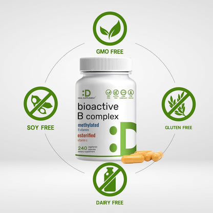 Bioactive Vitamin B Complex for Men & Women, 240 Veggie Capsules - Methylated B Complex & Esterified Vitamin C – High Potency & Easy Absorption – Immune, Energy & Metabolism Supplement – Non-GMO