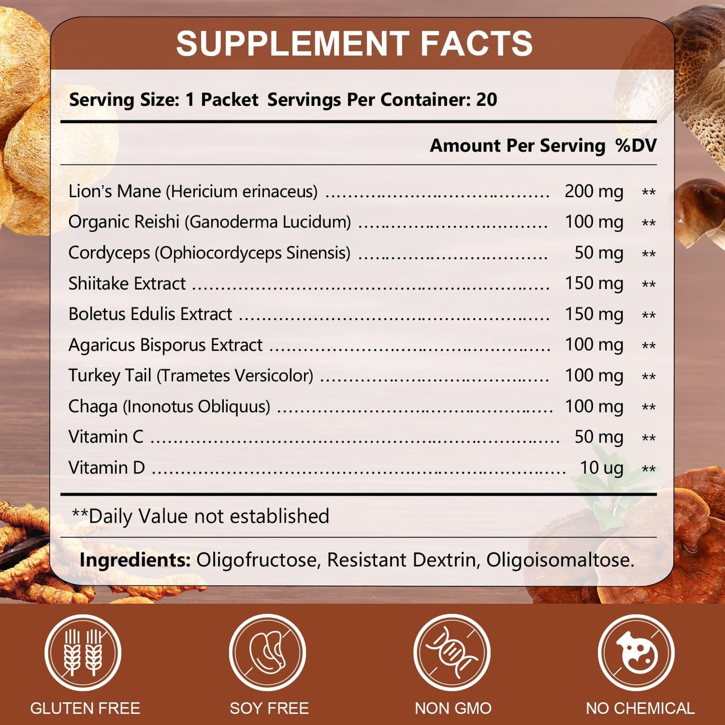 CANLIST Lion's Mane Mushroom Powder with Lions Mane, Cordyceps, Chaga, Reishi, Shiitake, Boletus, Agaricus Bisporus, Turkey Tail for Better Energy, Cognitive Focus & Immune Support, 20 Packets