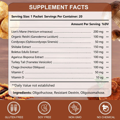 CANLIST Lion's Mane Mushroom Powder with Lions Mane, Cordyceps, Chaga, Reishi, Shiitake, Boletus, Agaricus Bisporus, Turkey Tail for Better Energy, Cognitive Focus & Immune Support, 20 Packets