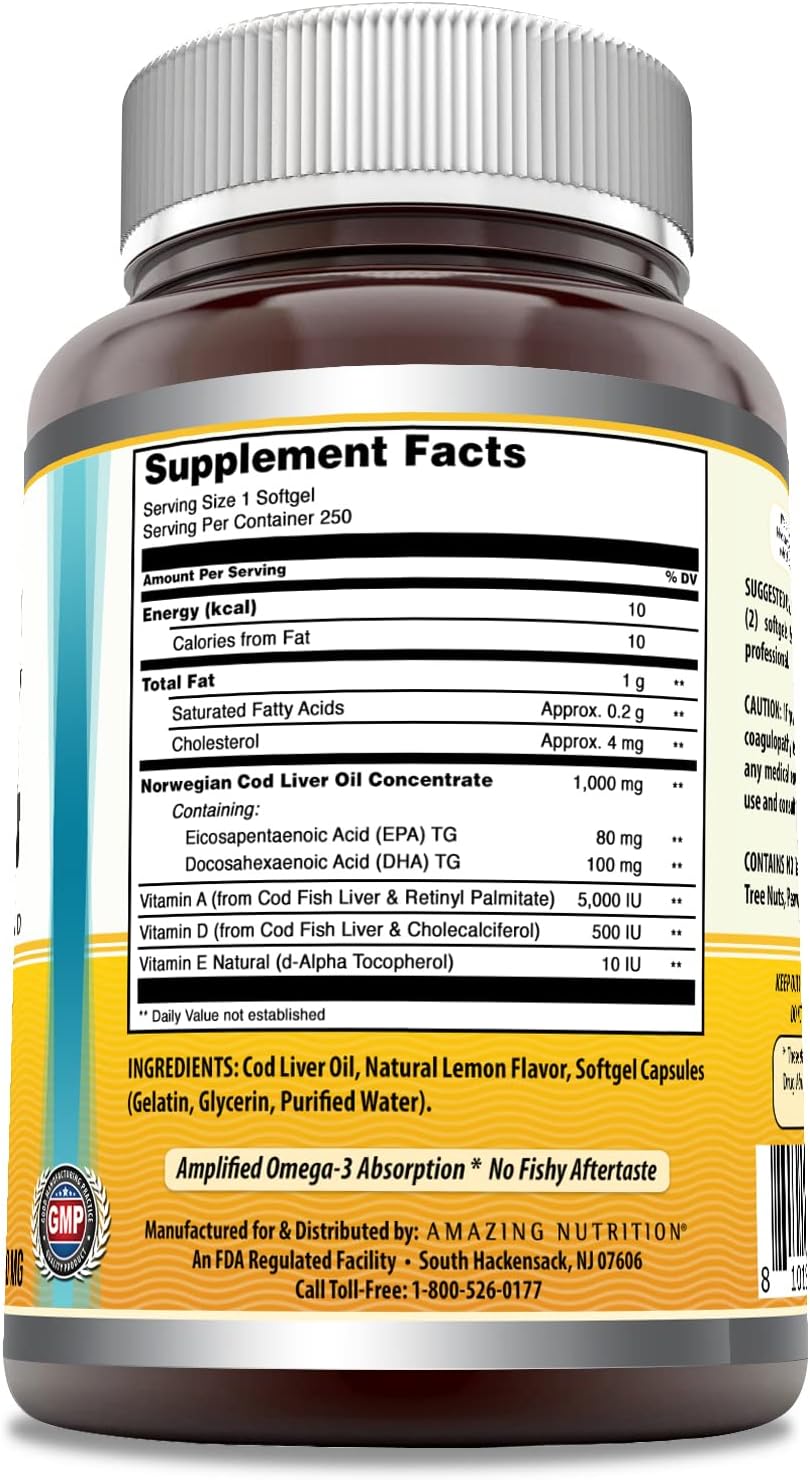 Amazing Omega Norwegian Cod Liver Oil 1000 Mg 250 Softgels | Lemon Flavor