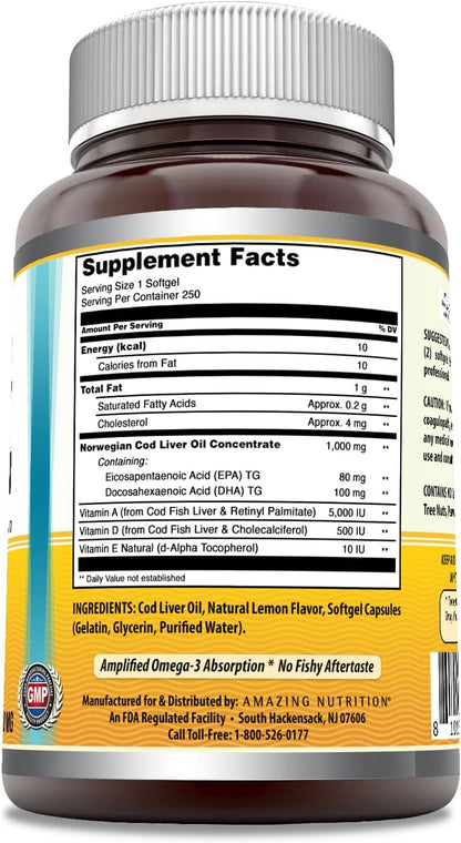 Amazing Omega Norwegian Cod Liver Oil 1000 Mg 250 Softgels | Lemon Flavor