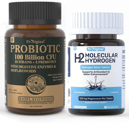 12 PPM Molecular Hydrogen Tablets & 35-Strain Probiotics with Prebiotics | Daily Wellness & Digestive Routine | 2 Items