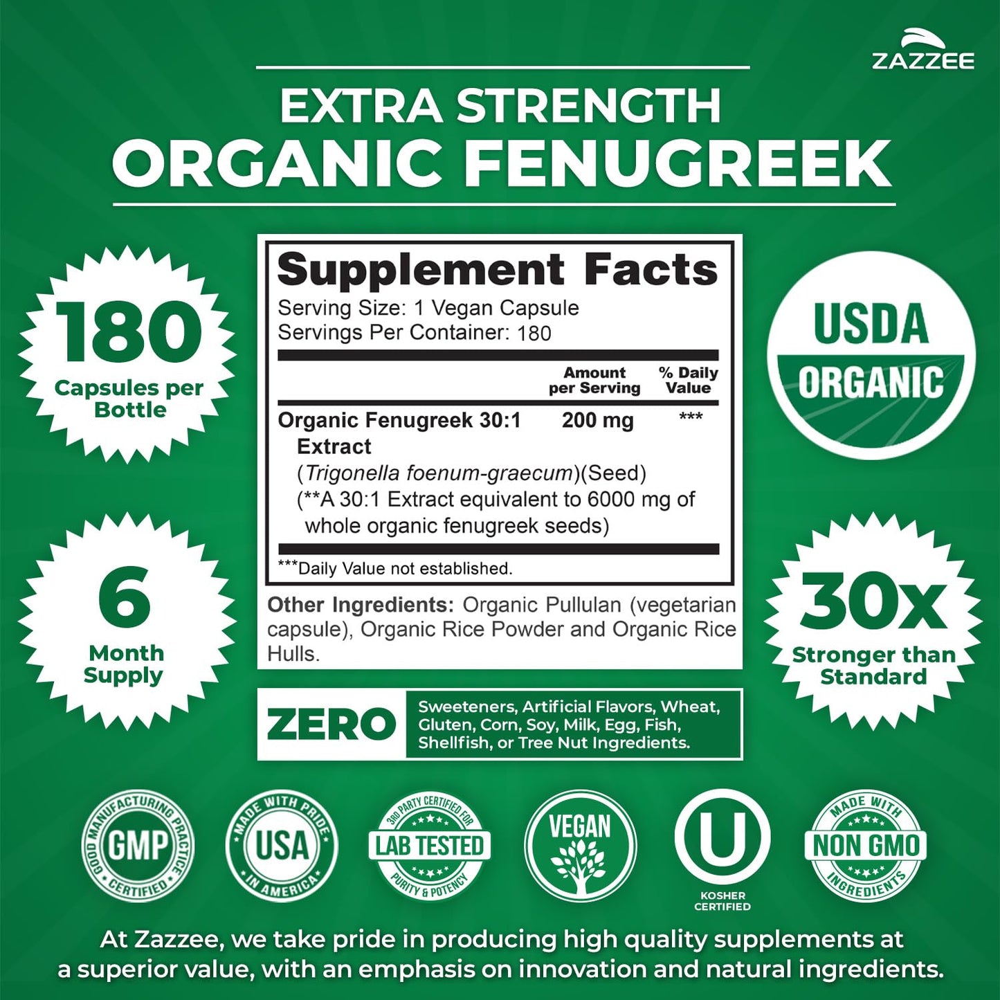 Zazzee USDA Organic Fenugreek 30:1 Extract, 120 Vegan Capsules, 4 Month Supply, Breastfeeding & Lactation Support for Nursing Mothers, Organic Herbal Supplement, All-Natural, Non-GMO, Made in the USA