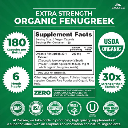 Zazzee USDA Organic Fenugreek 30:1 Extract, 120 Vegan Capsules, 4 Month Supply, Breastfeeding & Lactation Support for Nursing Mothers, Organic Herbal Supplement, All-Natural, Non-GMO, Made in the USA