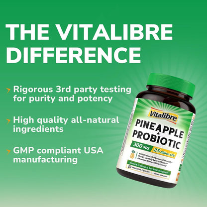Vitalibre Pineapple + Probiotic, 300 mg, 25 Billion CFUs, 13 Strains, Natural Vitamin C, Powerful Antioxidants, for Immunity, Vaginal, Gut Health, 30 Vegan Capsules, Non GMO
