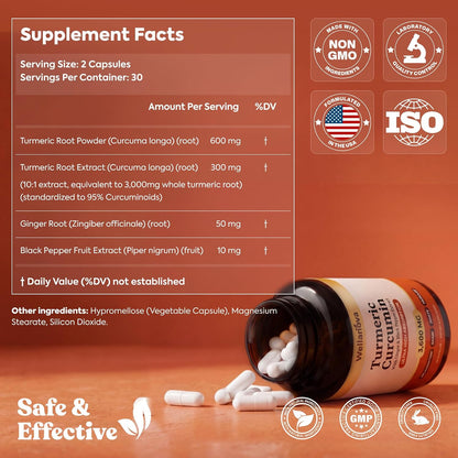 Turmeric Curcumin Supplement with Ginger & Black Pepper Extract 3,600 mg | Ultra High Absorption, Inflammation, Joint & Muscle Support, 60 Capsules