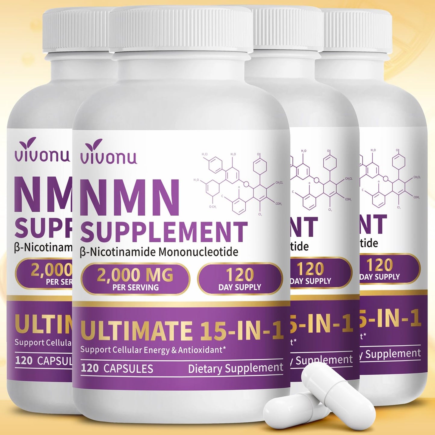 15-in-1 Liposomal NMN* Supplement, 2000mg Per Serving*, 99% Pure, NAD+ NMNH Alternative with Nicotinamide* Mononucleotide, Resveratrol, TMG*, CoQ10, Quercetin* (1 Bottles, 120 Capsule)