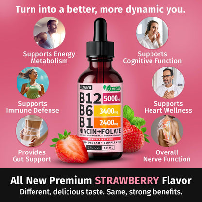 NUSAVA (2 Pack) Vitamin B12 Liquid Drops with B6, B1, Niacin & Folate — B12 Sublingual Vitamin B Complex, Methylcobalamin 5000 mcg, for Energy, Brain & Heart Support, Raspberry Flavor, 80 Servings
