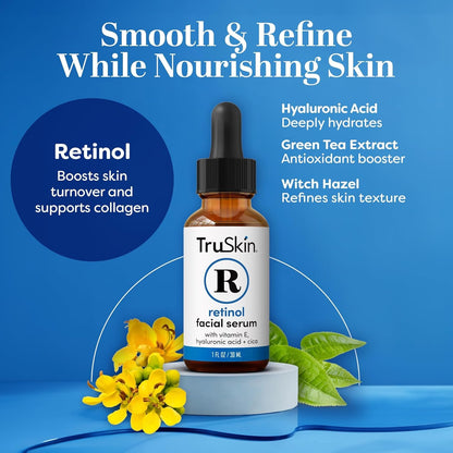 TruSkin Retinol Serum for Face with Hyaluronic Acid & Cica, 1 fl oz | Gentle overnight retinoid serum with Vitamin E helps visibly smooth fine lines, refines skin texture for renewed-looking skin